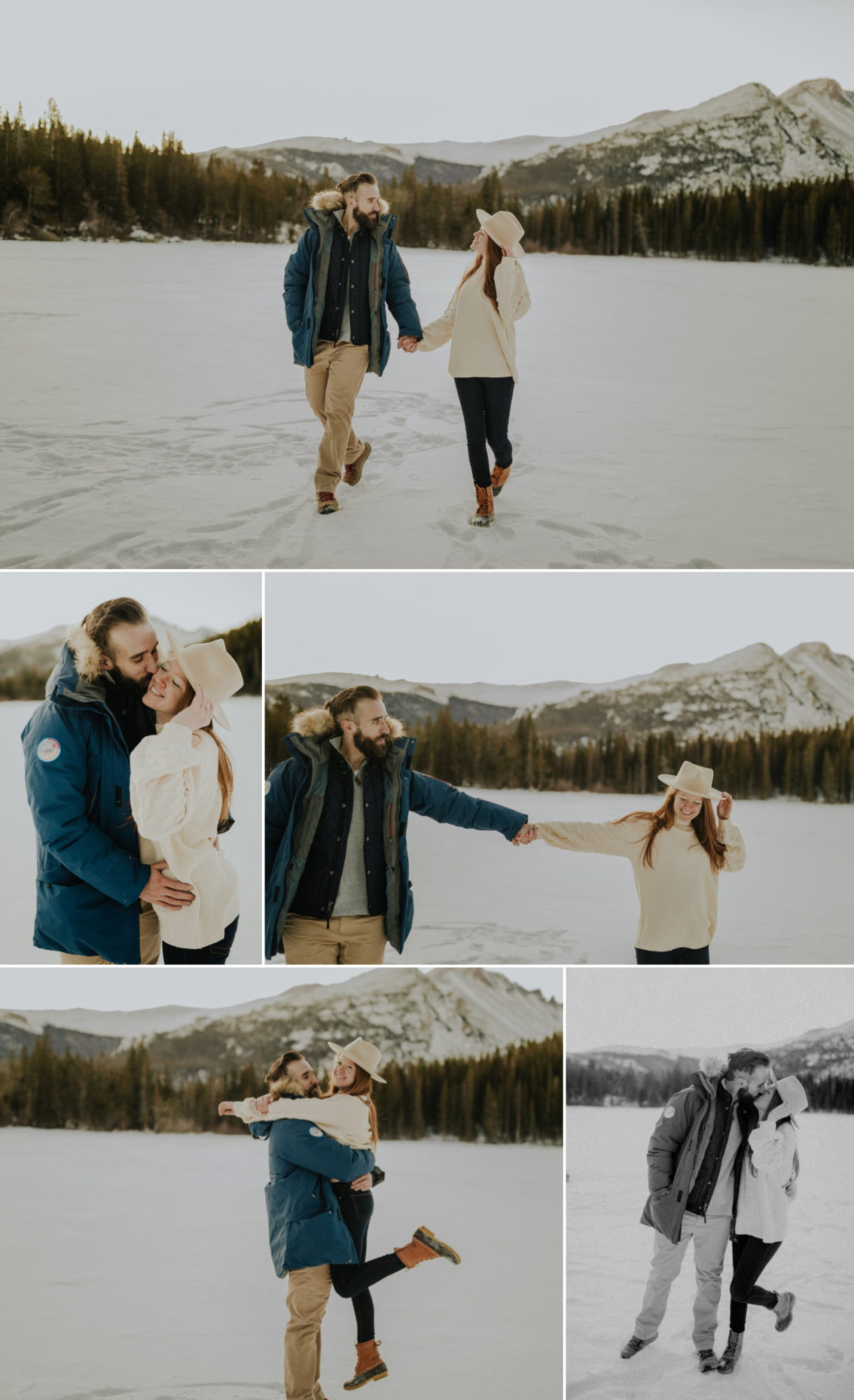 Couple holding hands in the snow at Rocky Mountain national park in Colorado at their winter engagement photoshoot