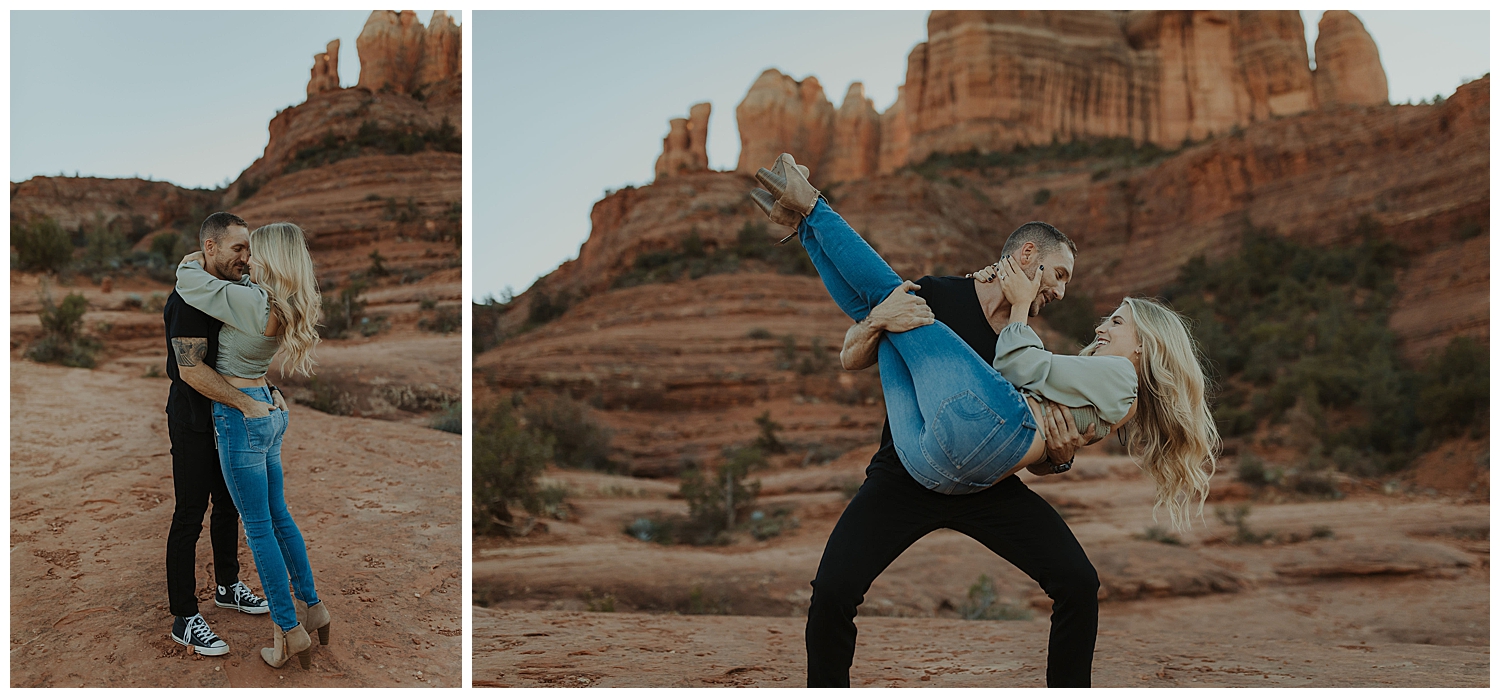 Couple standing and posing in front of Cathedral Rock in Sedona for engagement photos