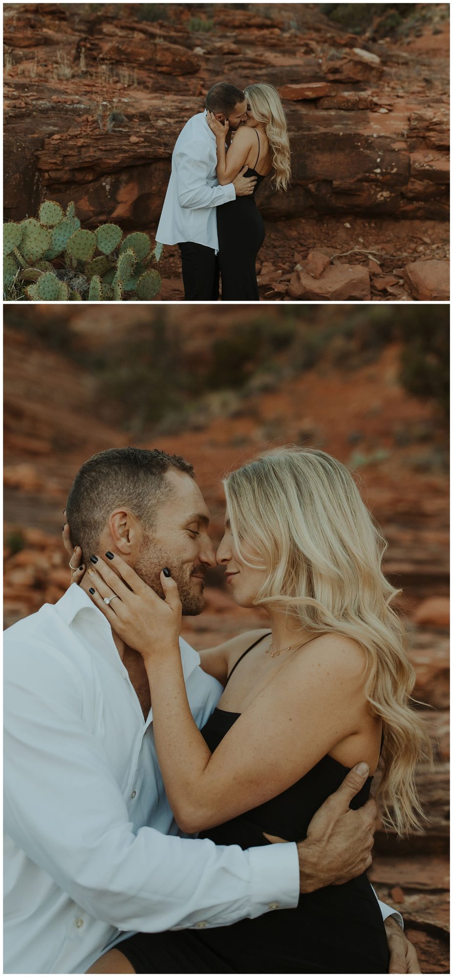 Couple in nice attire with Sedona red rocks behind them posing for engagement photos