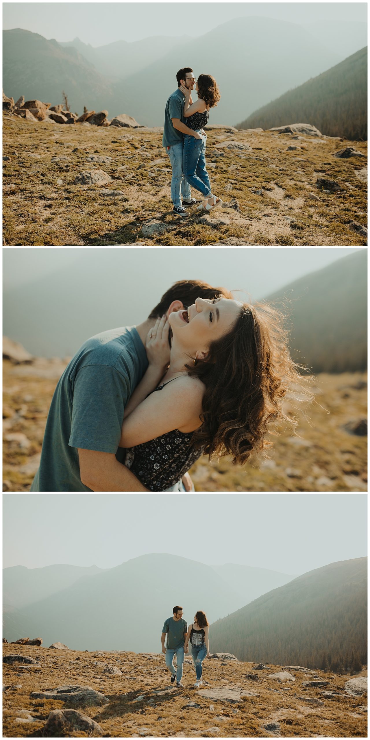 Collage of couple holding hands and walking around with the mountain view in their background