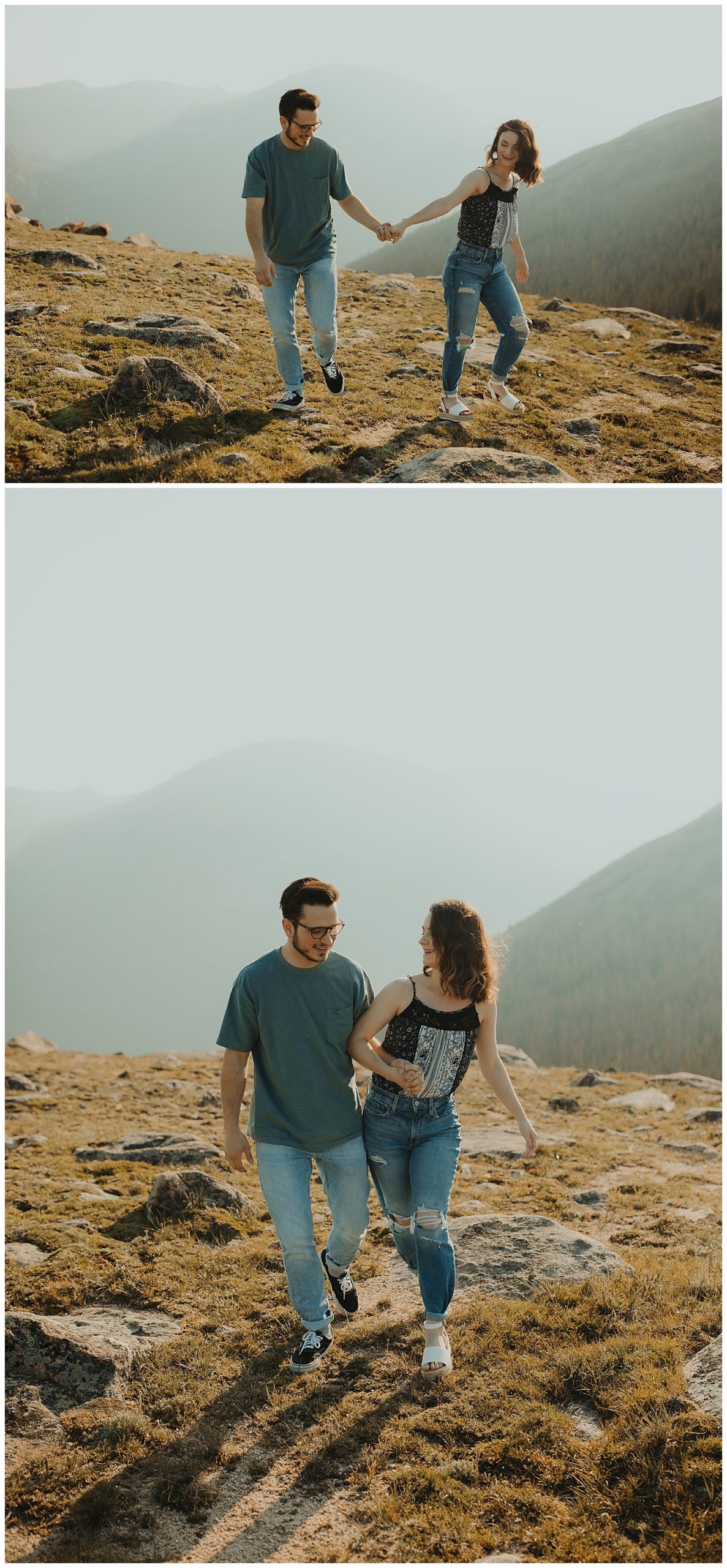 Couple holding hands and walking around with the mountain view in their background