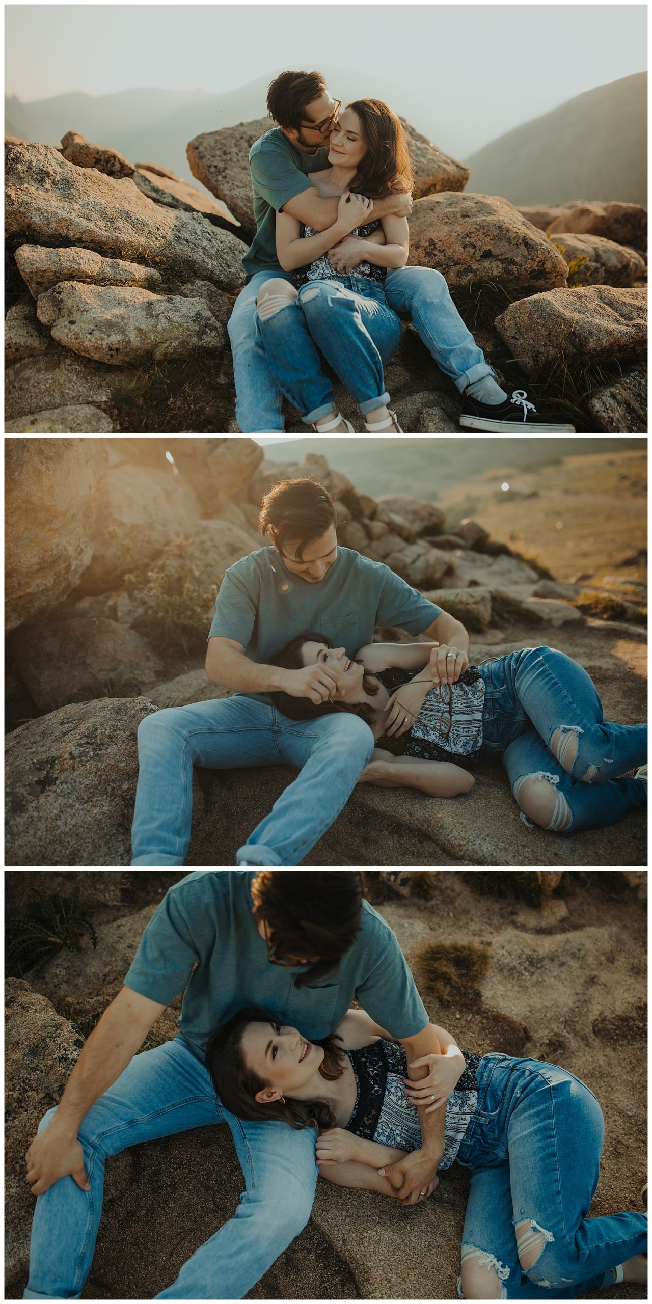 Collage of a couple all cuddled up in casual clothes in the rocky mountains