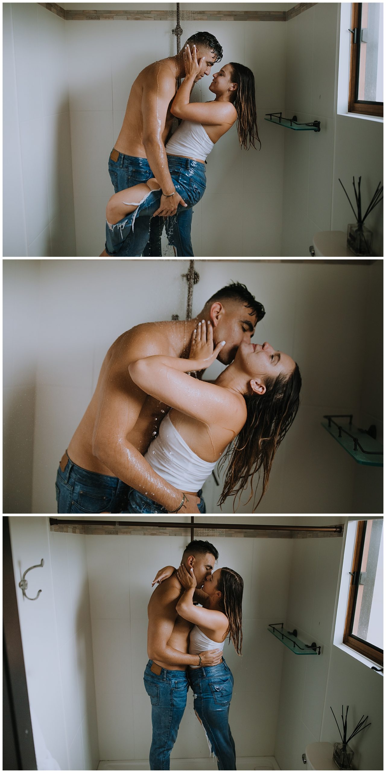 Grunge couple in shower with their clothes on for some steamy photos