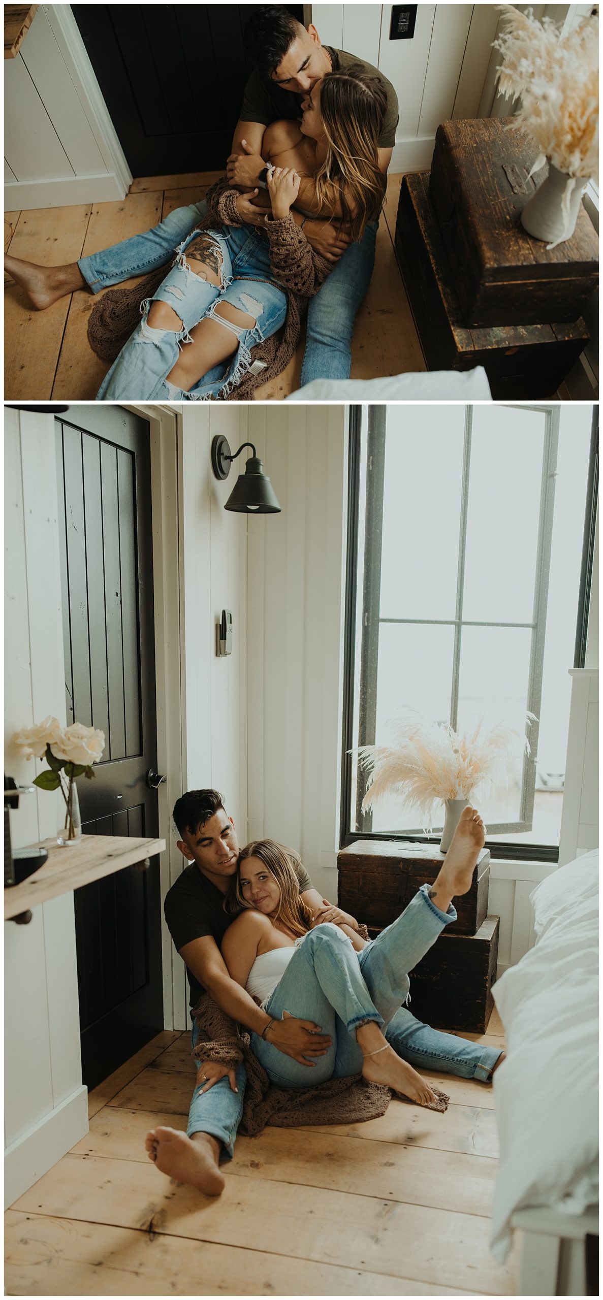 couple wearing grunge couple aesthetics outfits cuddled on the floor together for an in home Colorado photo session
