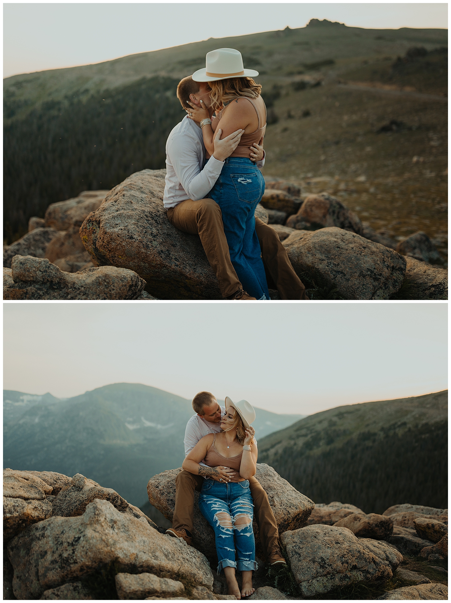 Couple in the Rocky Mountain National Park posed near a rock