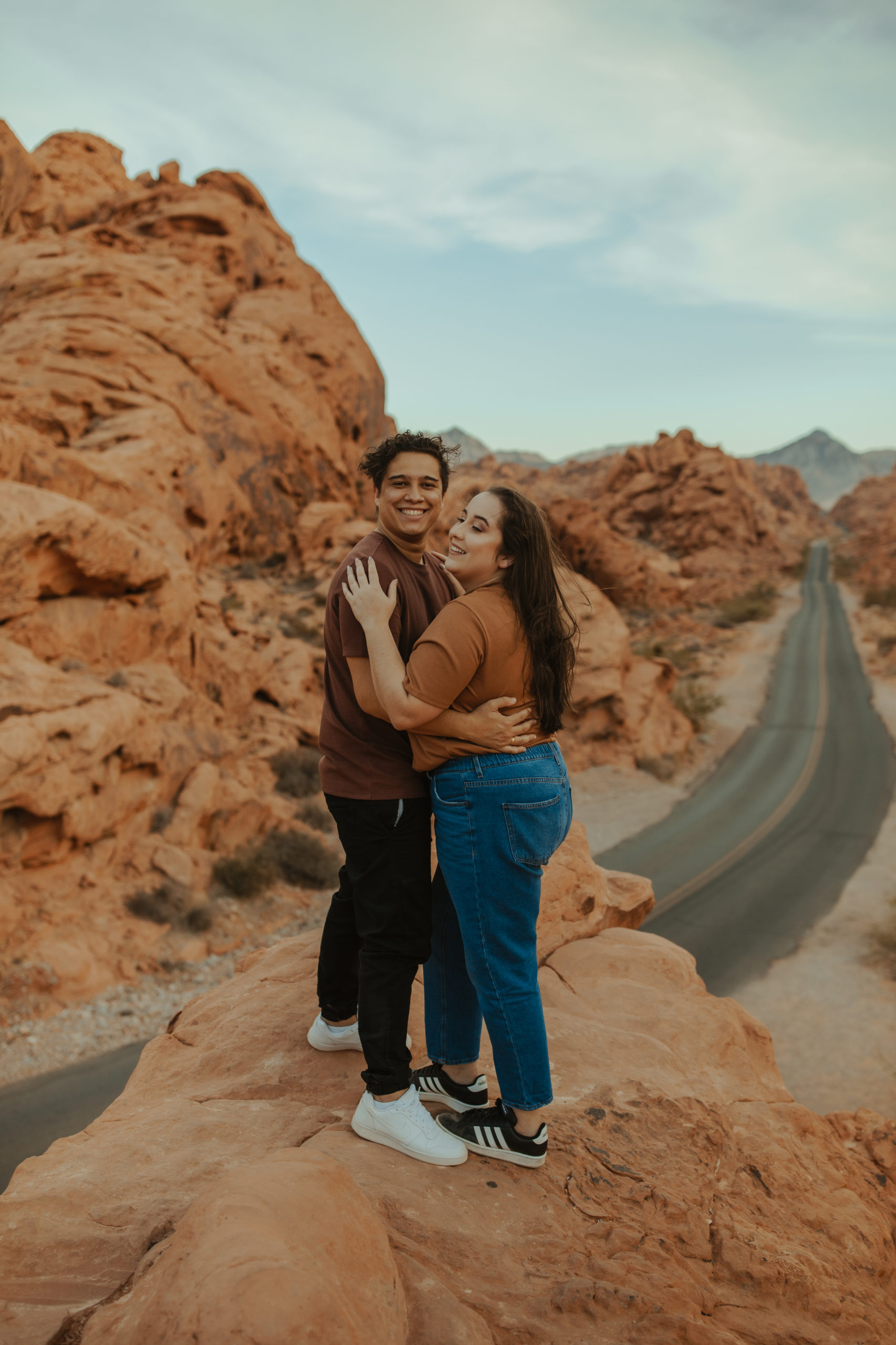 couple smiling in valley of fire during engagement session