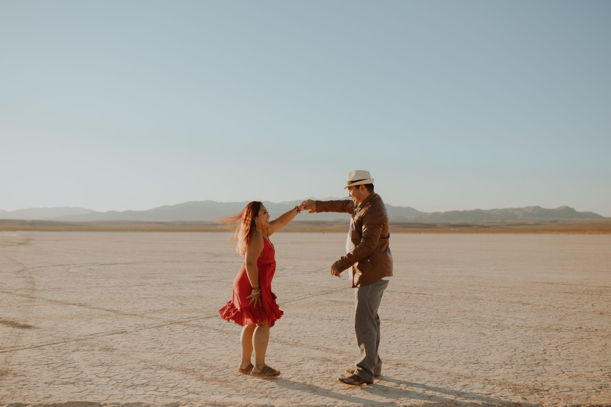 Couple posing at Jean Dry Lake Bed for photoshoot