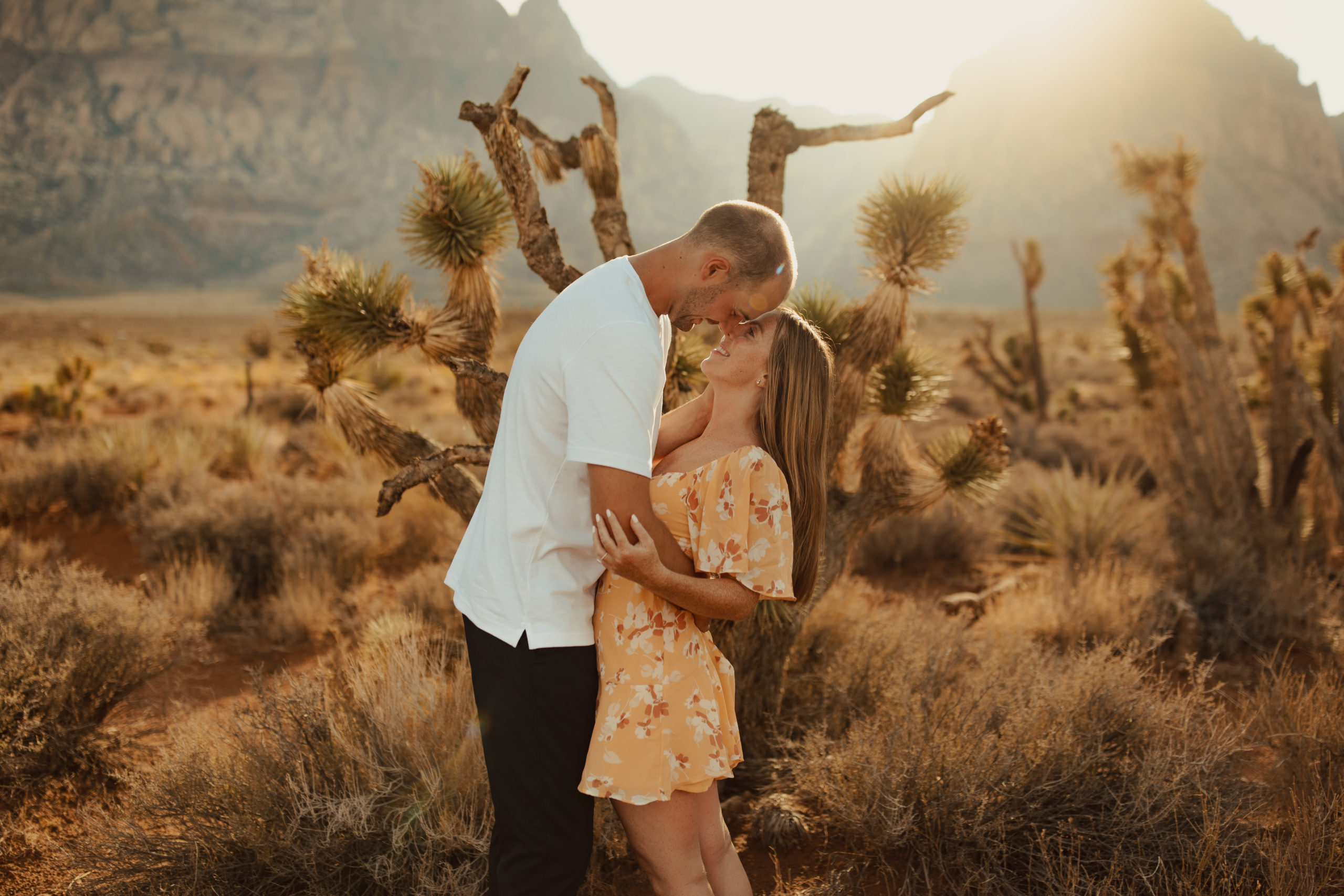 couple kissing in front of a tree in the desert