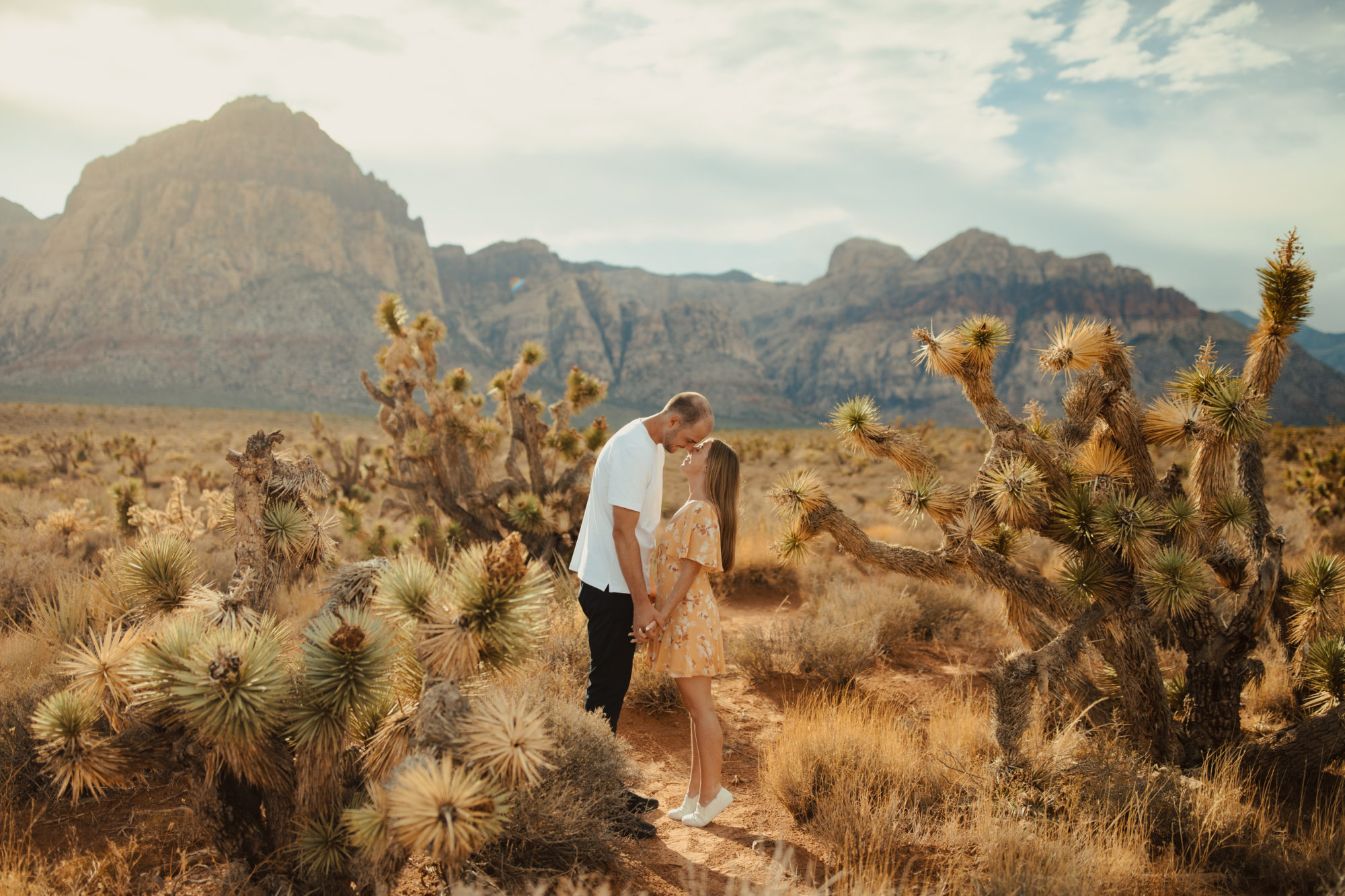 couple holding hands with mountains in the background in the desert with trees 