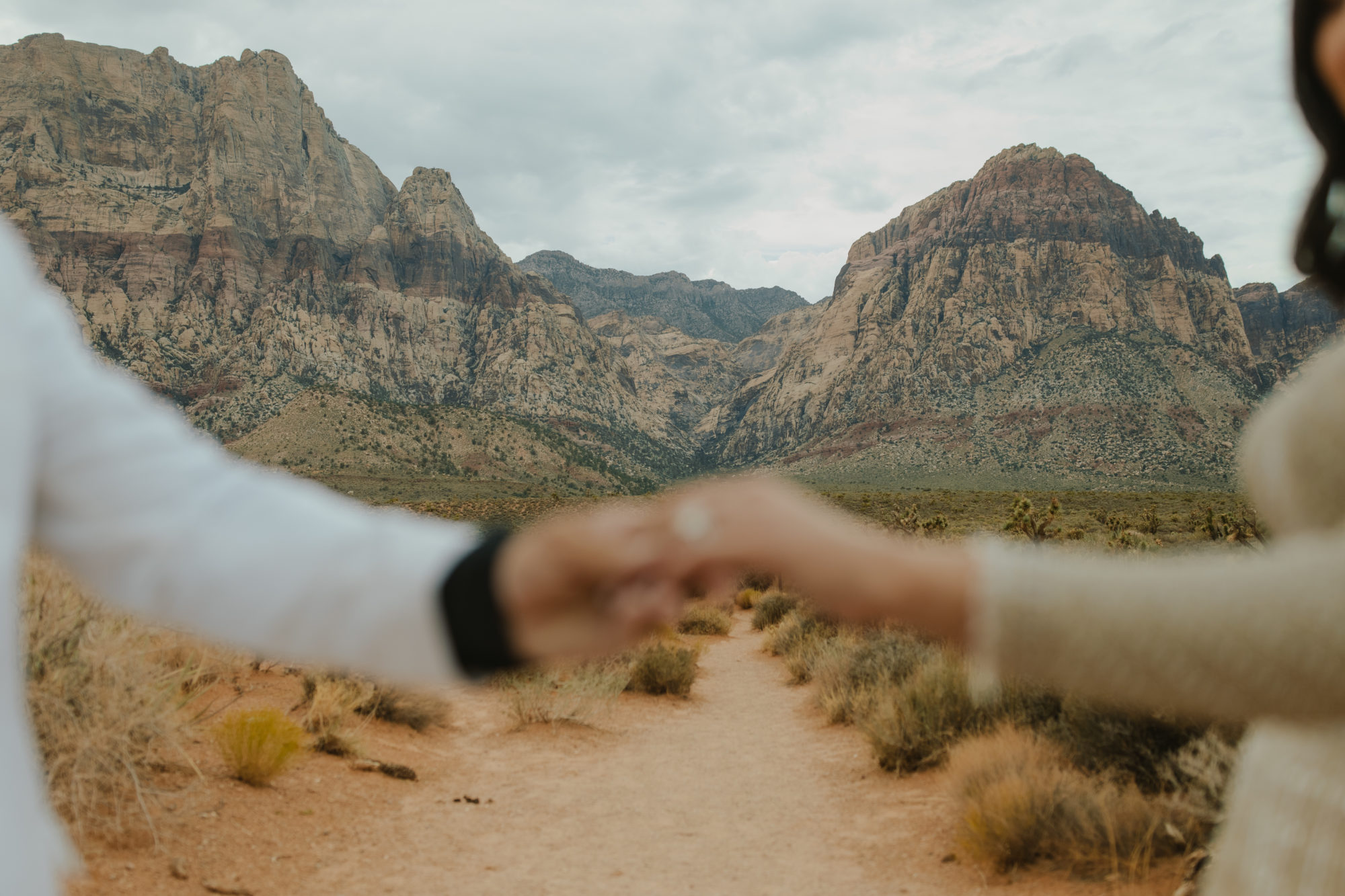 photo of red rock canyon in Nevada with a bride and groom holding hands in the foreground