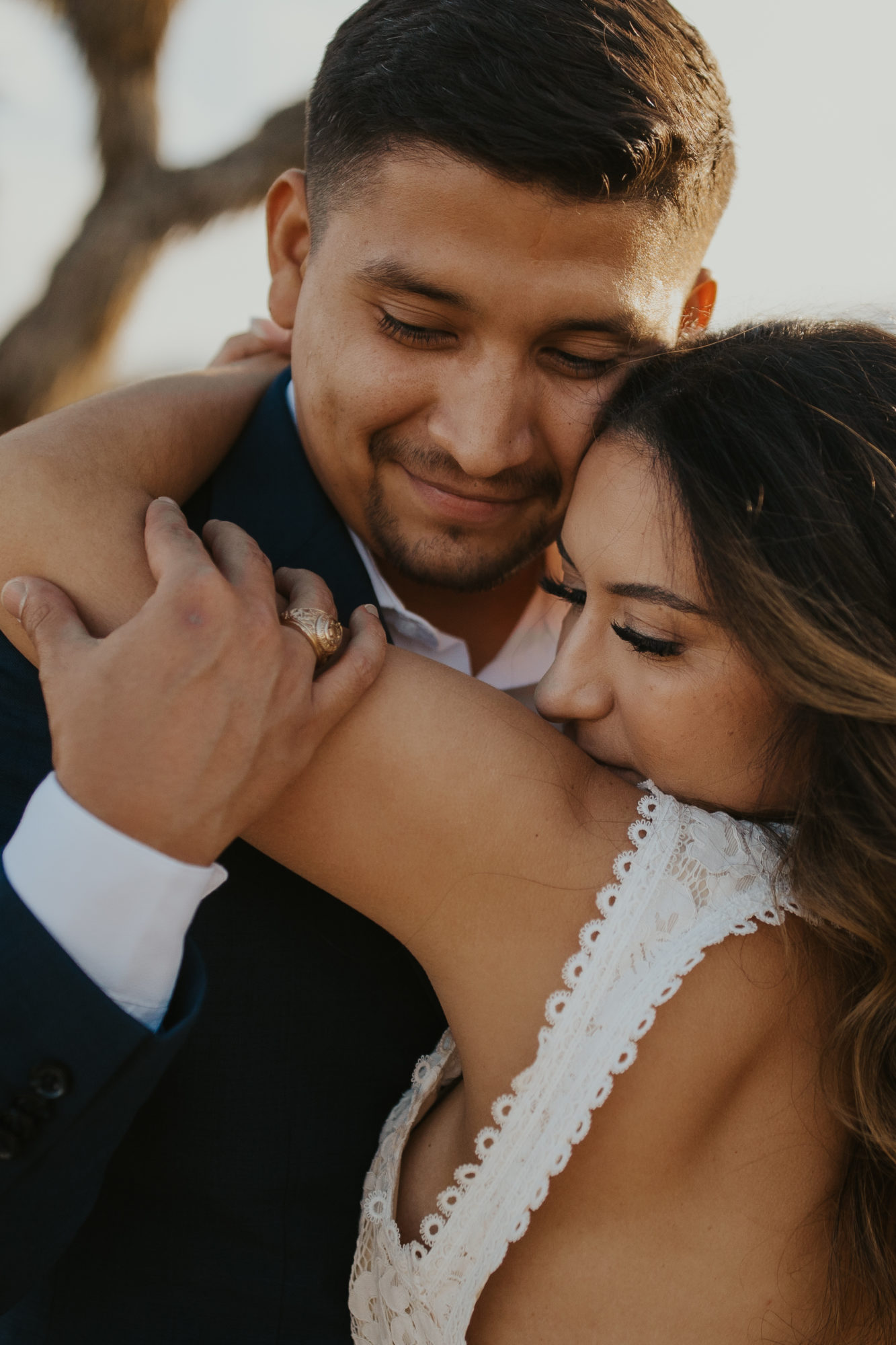 Bride hugging groom during adventourous photo sesion